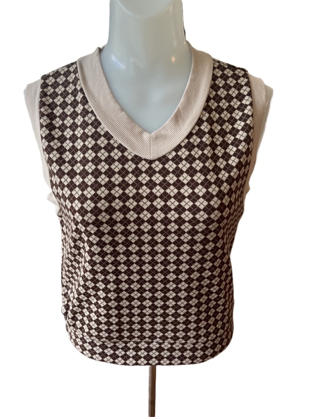 Kirious Brown and Cream Argyle V-Neck Knit Tank/Vest size M - Picture 1 of 6
